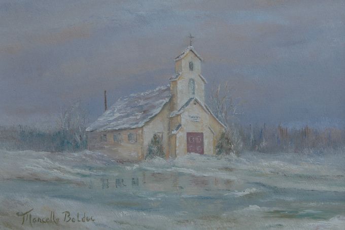 Chapelle de Notre-Dame des Prairies (peinture de Mme. Marcelle Bolduc appartenant à l'abbé Jacques Simard)